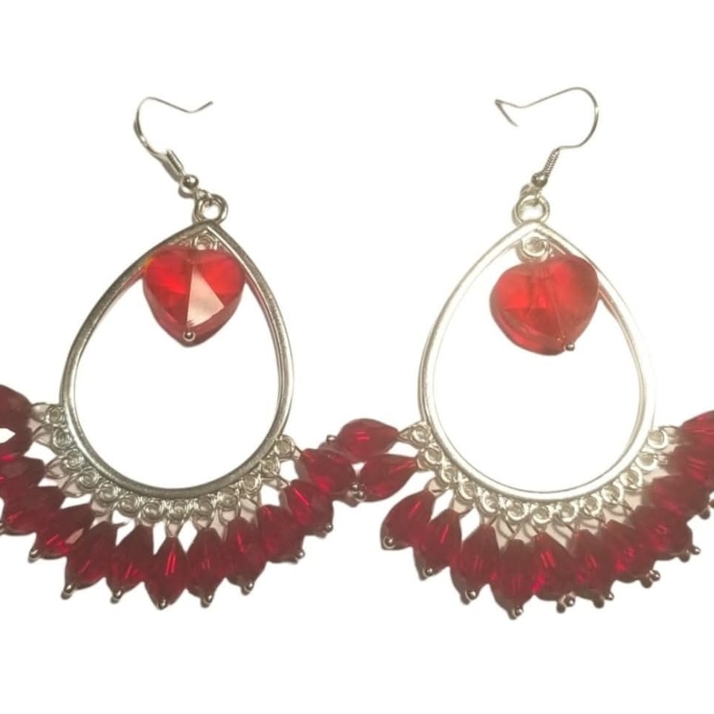 ⭐Silver-tone Red Heart Teardrop Chandelier Earrings Handmade 2" Long